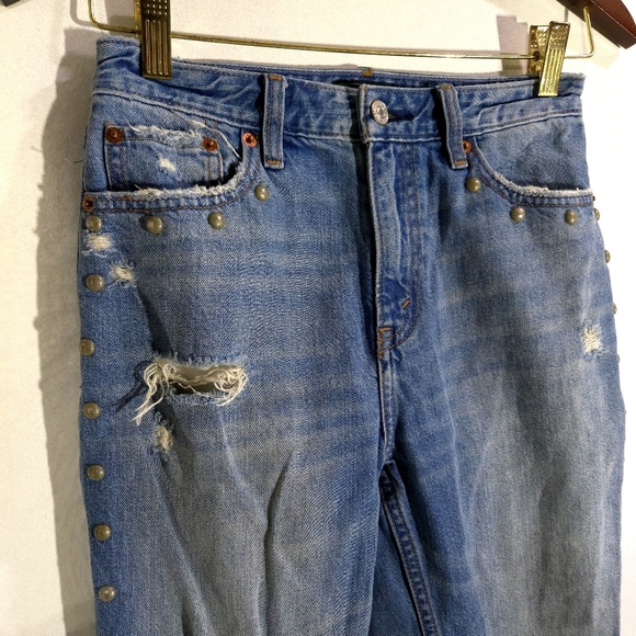 Abercrombie | Distressed Blue Jeans with Studded Detail High Rise Girlfriend - Picture 2 of 10